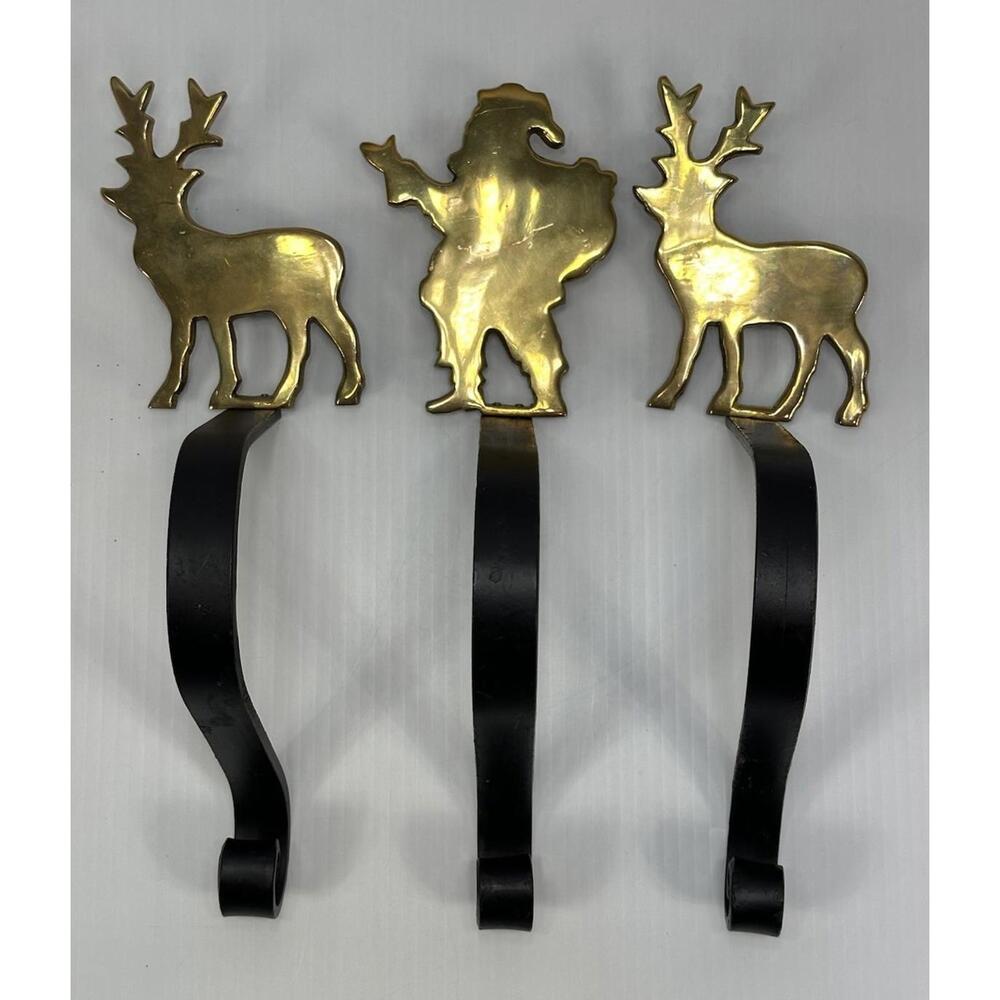 3 Vintage Set 2 Brass Reindeer 1 Santa On Cast Iron Christmas Stocking‎ Holders